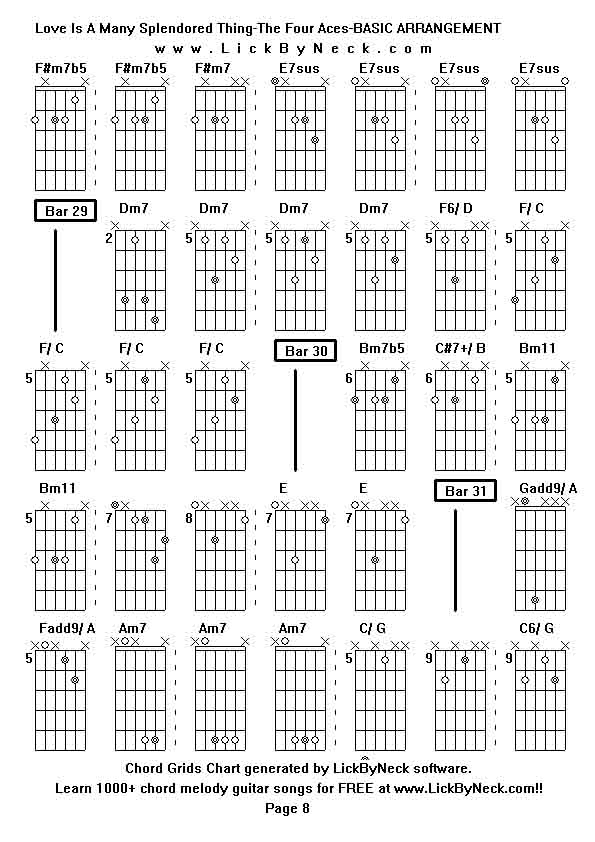 Chord Grids Chart of chord melody fingerstyle guitar song-Love Is A Many Splendored Thing-The Four Aces-BASIC ARRANGEMENT,generated by LickByNeck software.